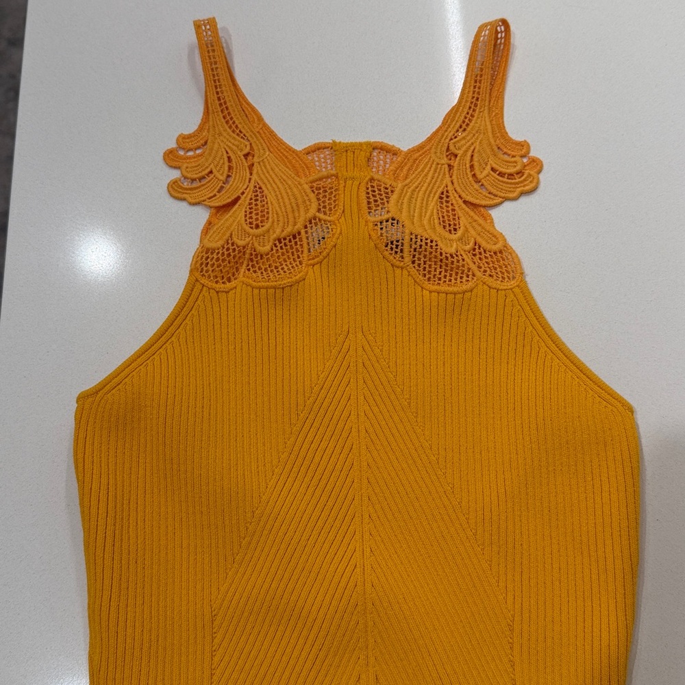 Self-Portrait Canary Yellow Ribbed Knit Bodycon Midi Dress With Lace Size Small